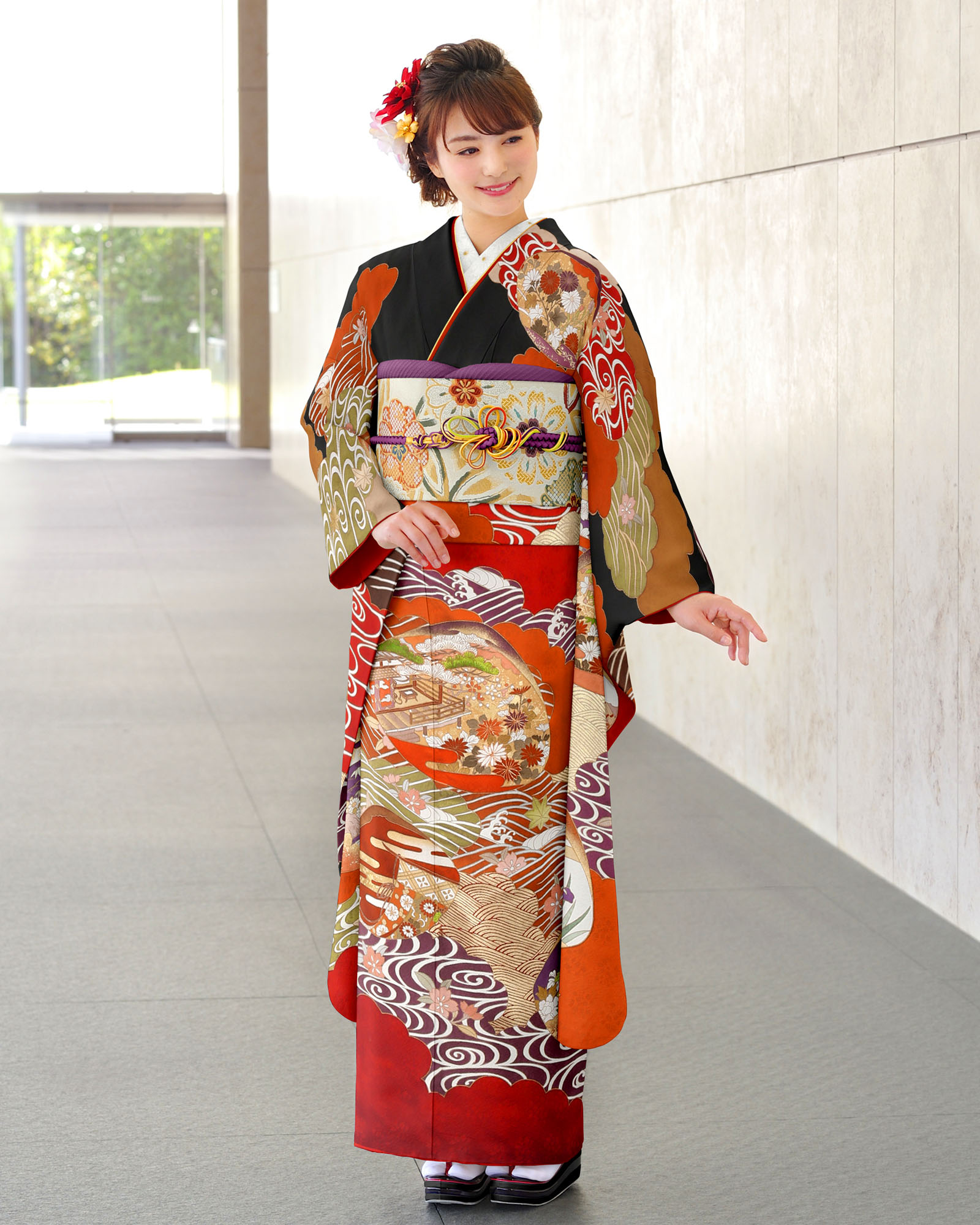 ロイヤル作家 藤井寛作 手描き京友禅振袖 『波雲に源氏貝合せ』