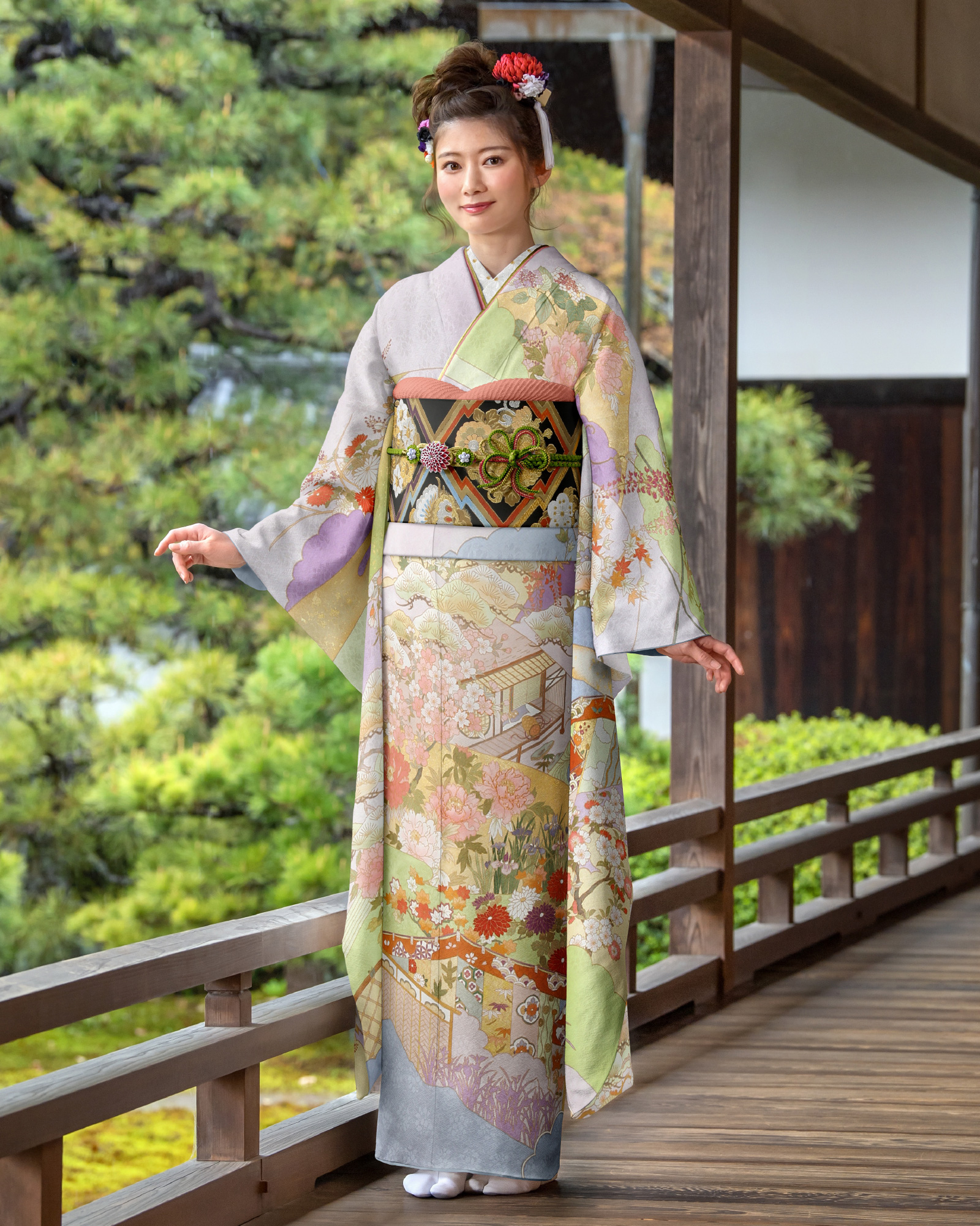 ロイヤル作家 藤井寛作 手描き京友禅振袖 『山霞都の賛美』