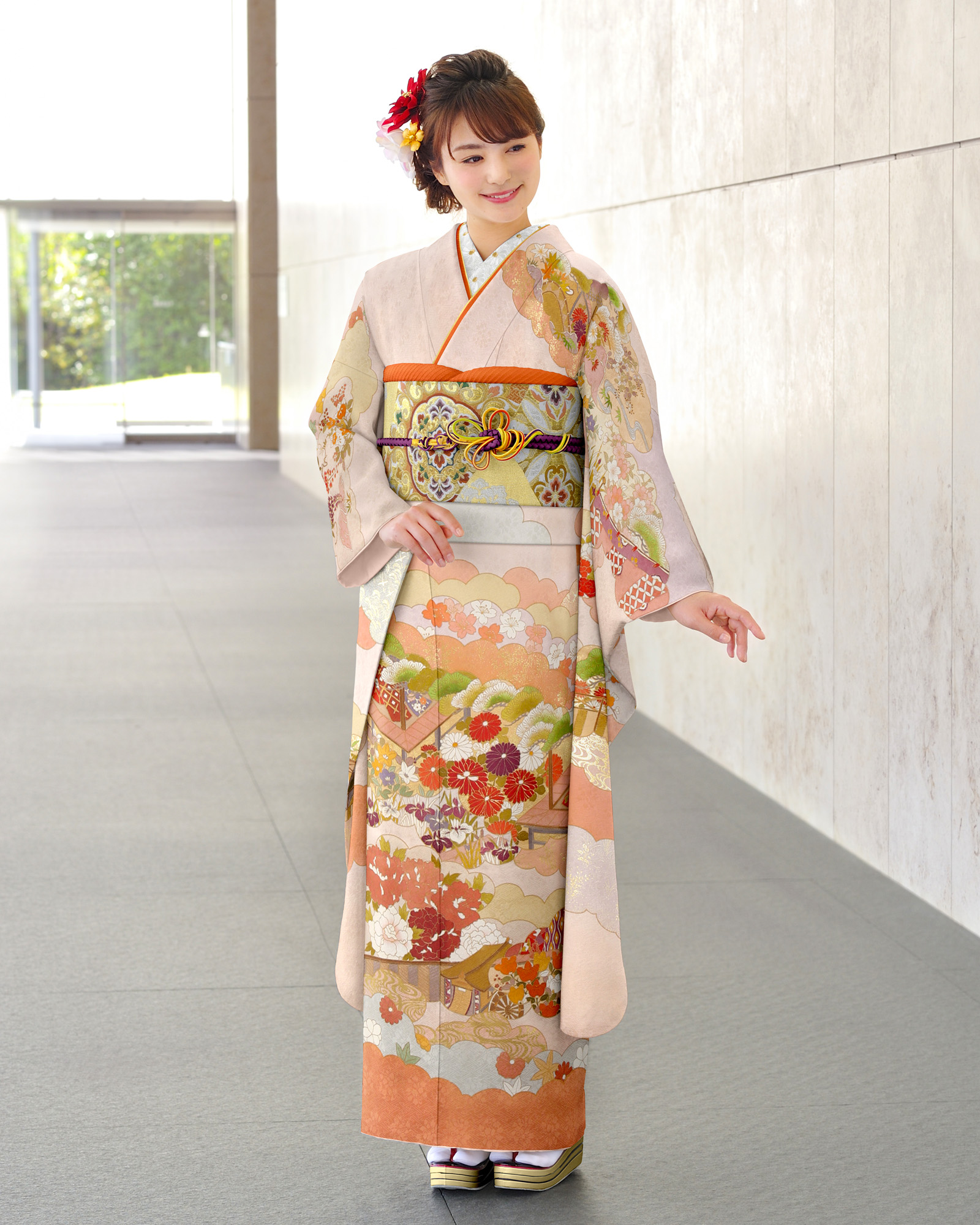 ロイヤル作家 藤井寛作 手描き京友禅振袖『雲取宮殿の四季』