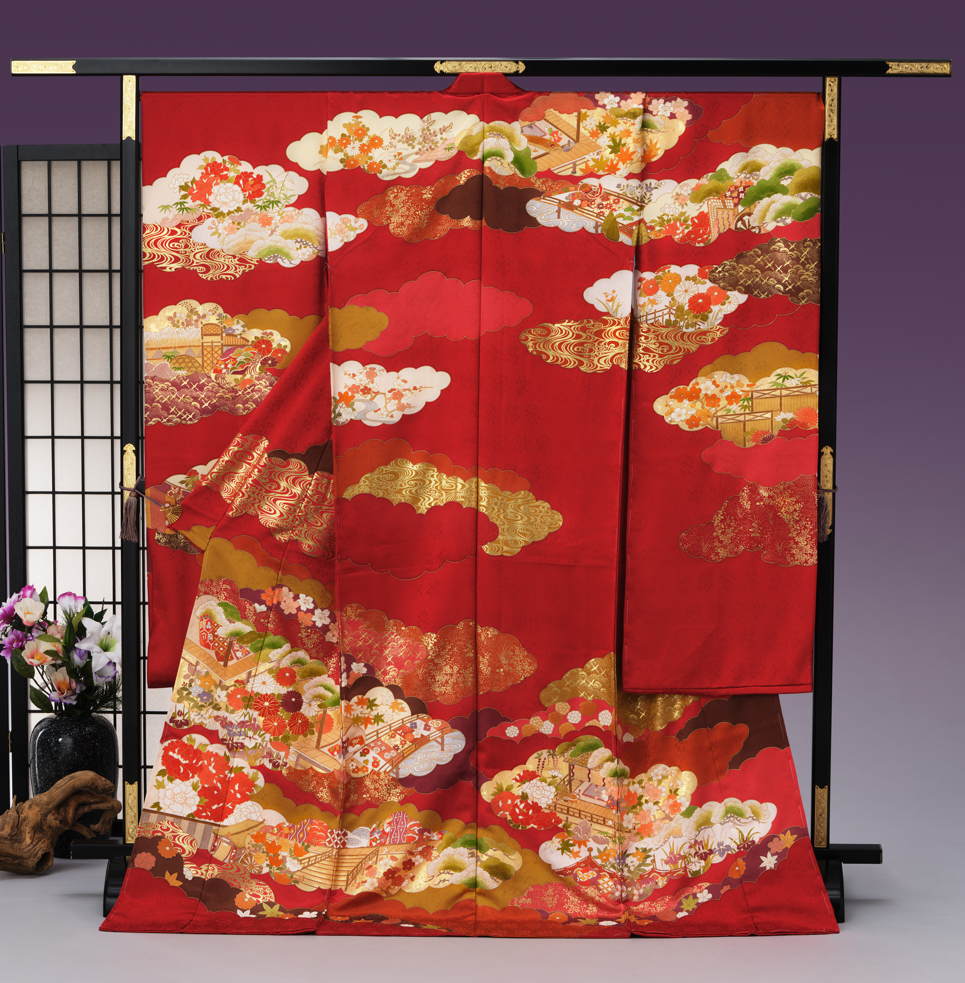 ロイヤル作家 藤井寛作 手描き京友禅振袖『雲取宮殿の四季』