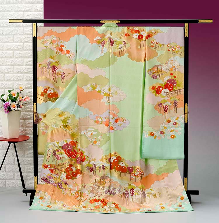 藤井寛 手描き京友禅振袖 片寄せ雲取百花の図