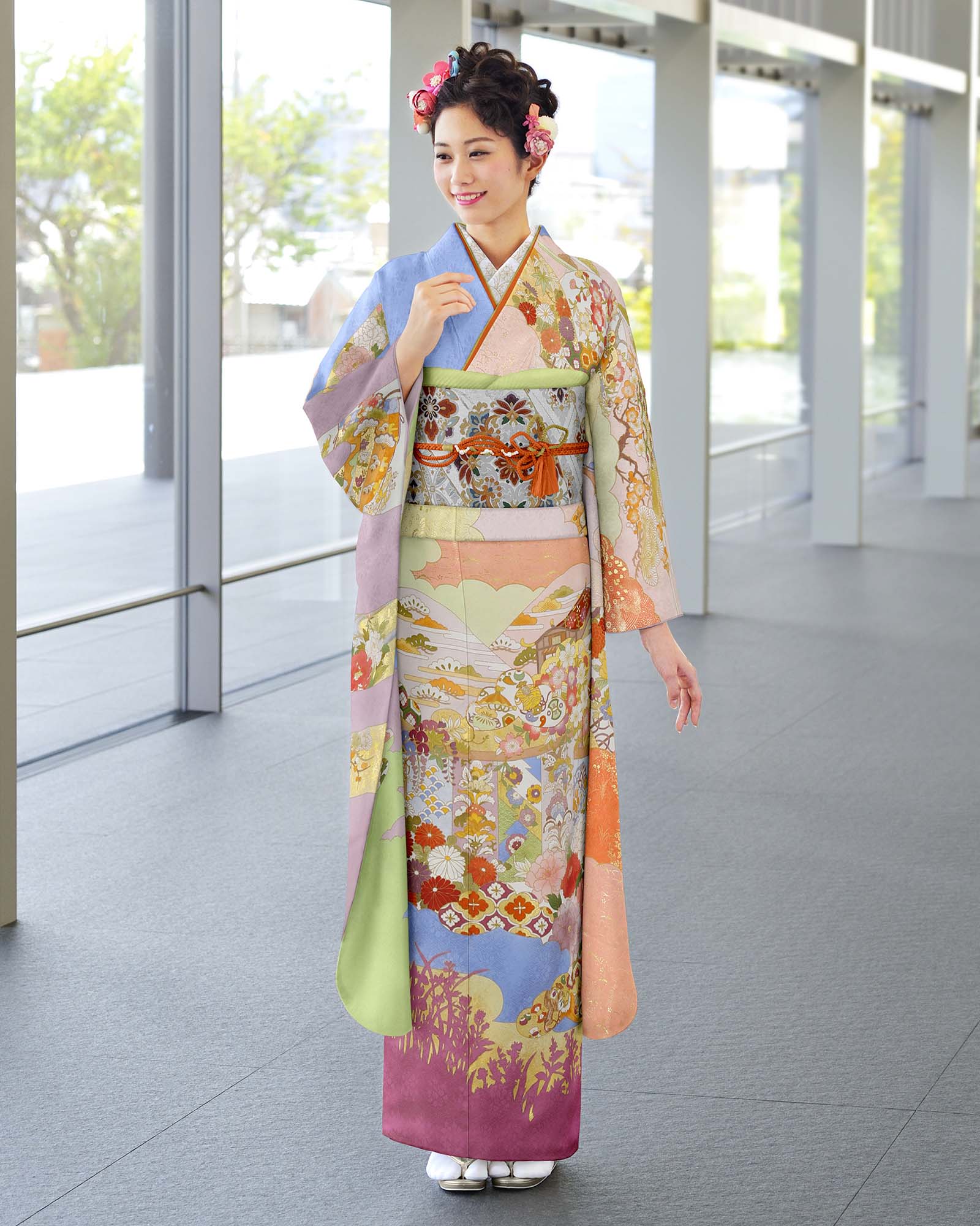 ロイヤル作家 藤井寛作 手描き京友禅振袖 『昼夜松色分満幕春秋』