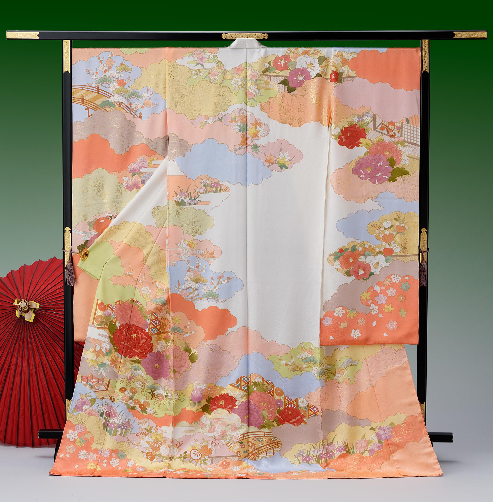 ロイヤル作家 藤井寛作 手描き京友禅振袖 『四季風景御殿の図』