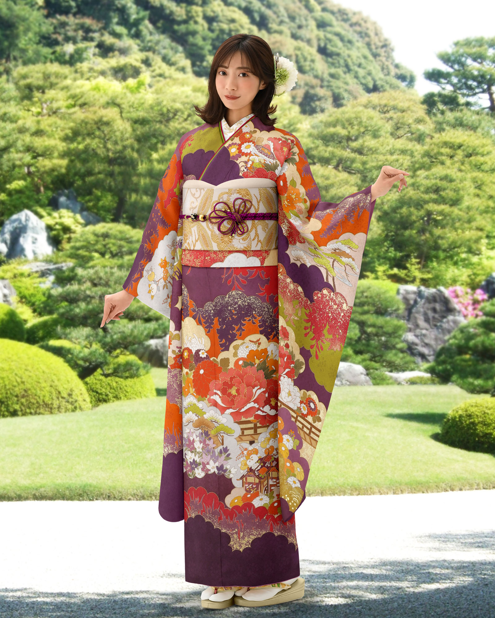 ロイヤル作家 藤井寛作 手描き京友禅振袖 『昼夜雲取牡丹四季花絵巻』