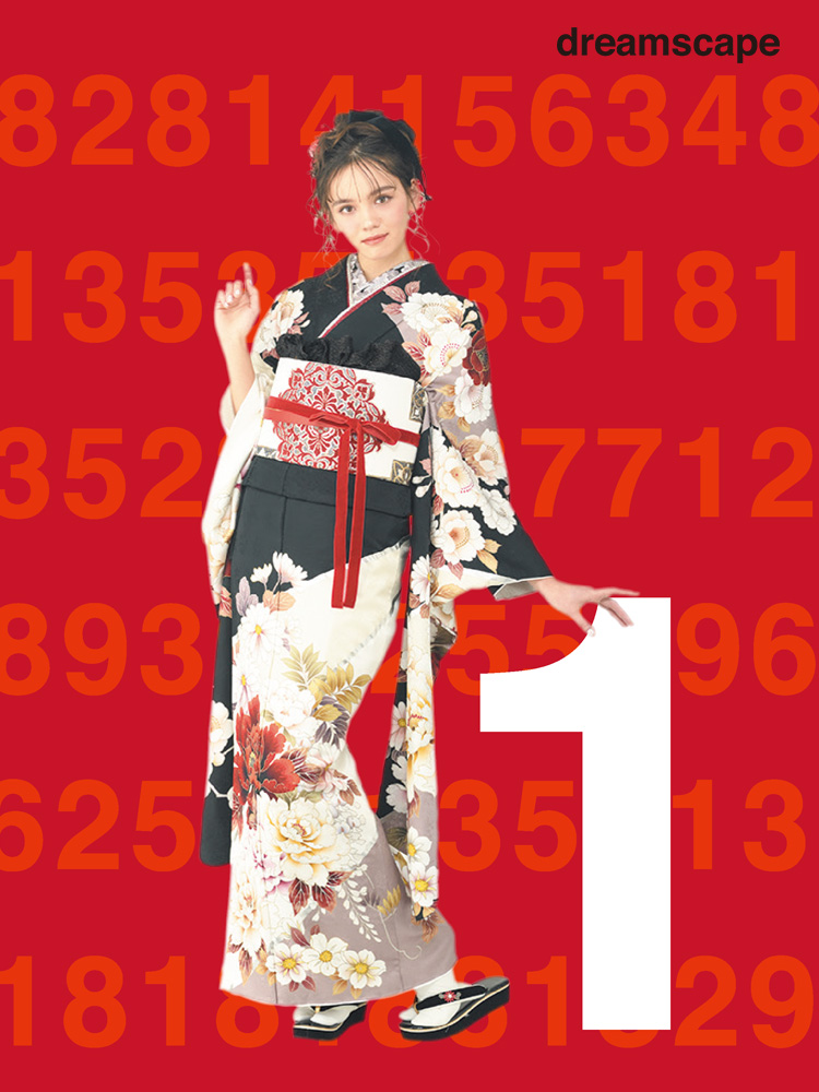 黒×白に咲く赤い華が印象的。大村のえみさん着用のコントラストが際立つ配色でモード感あふれる振袖。