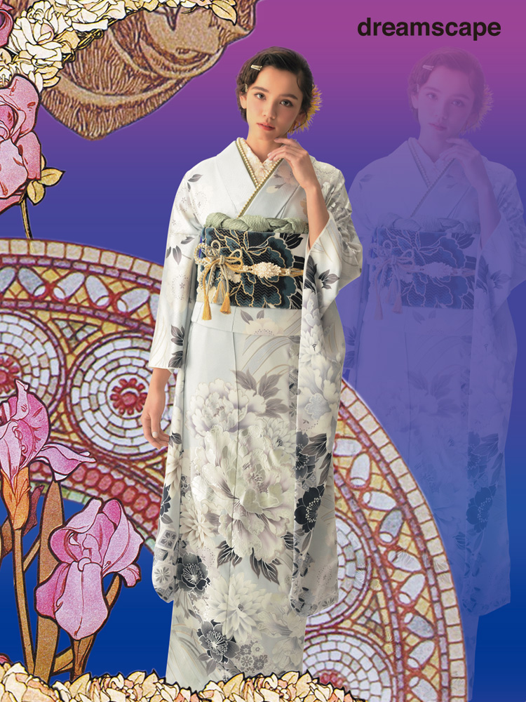 モノトーンに咲く大輪が静かな美しさを演出する、大村のえみさん着用の都会的な洗練された振袖。