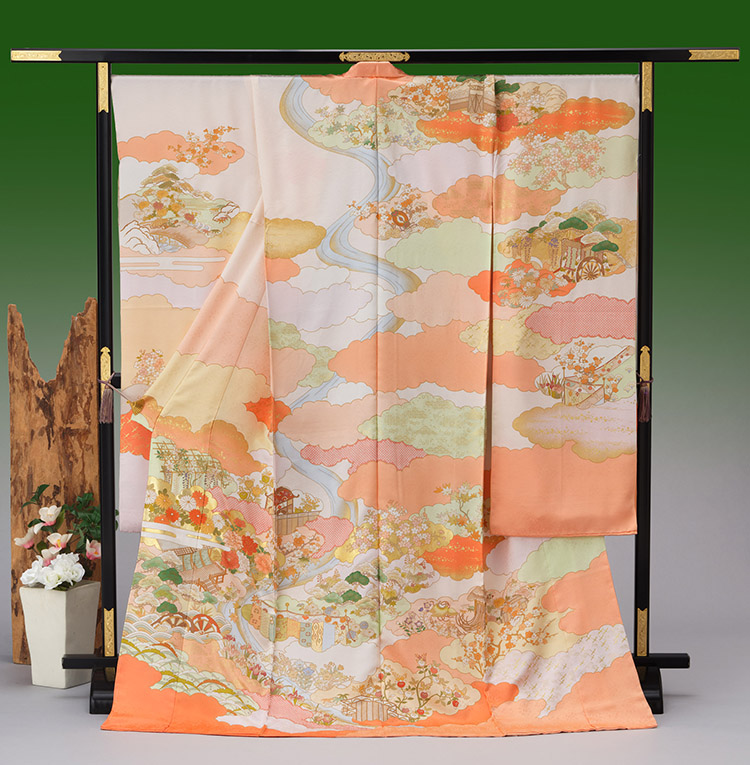 藤井寛作 手描き京友禅振袖 重雲取流水百花の図
