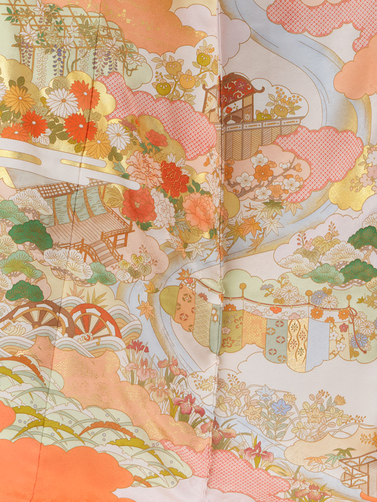 藤井寛作 手描き京友禅振袖 重雲取流水百花の図