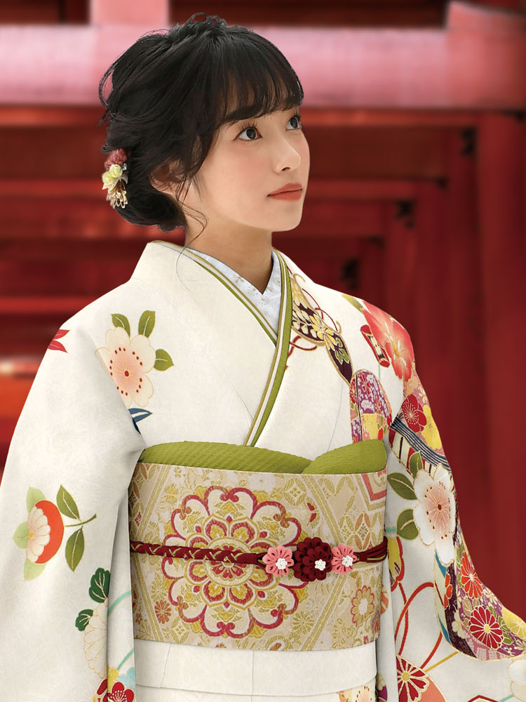 白地に手毬と四季の花々が色鮮やかに舞う可憐な振袖。