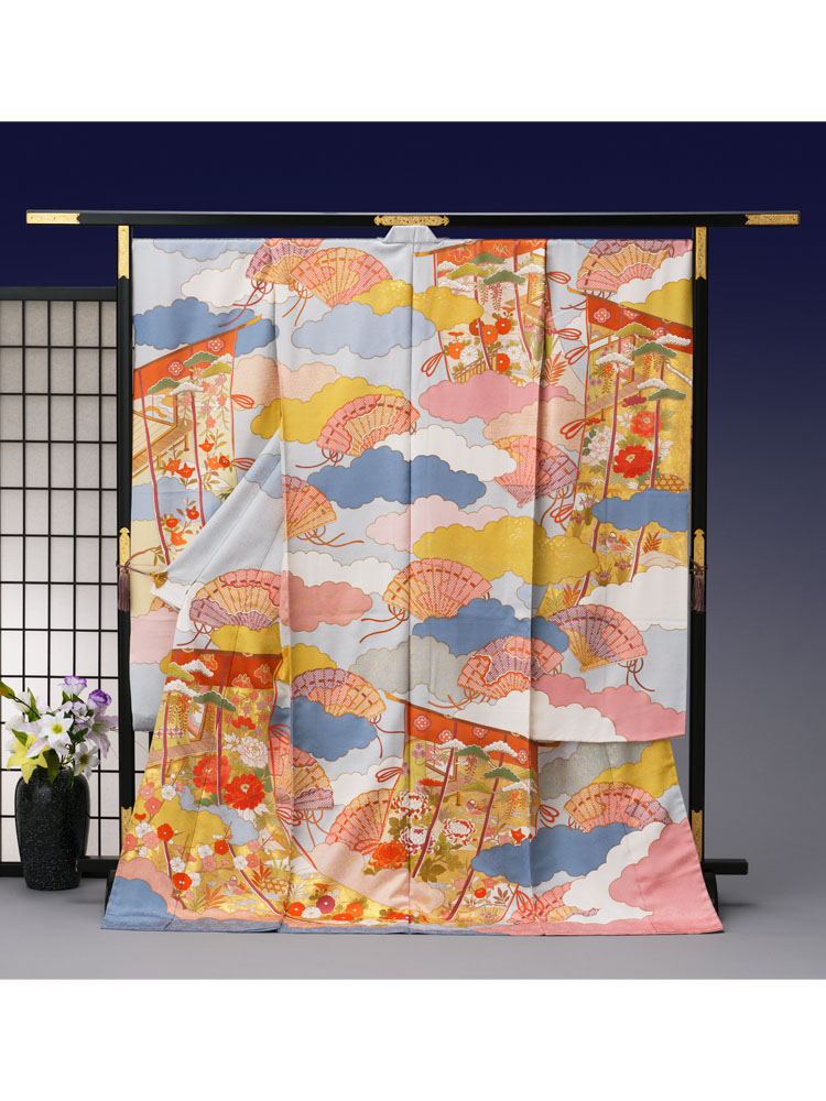 藤井寛作 手描き京友禅振袖 雲取り疋田扇子に几帳