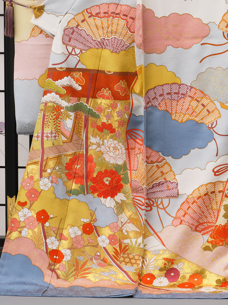 藤井寛作 手描き京友禅振袖 雲取り疋田扇子に几帳