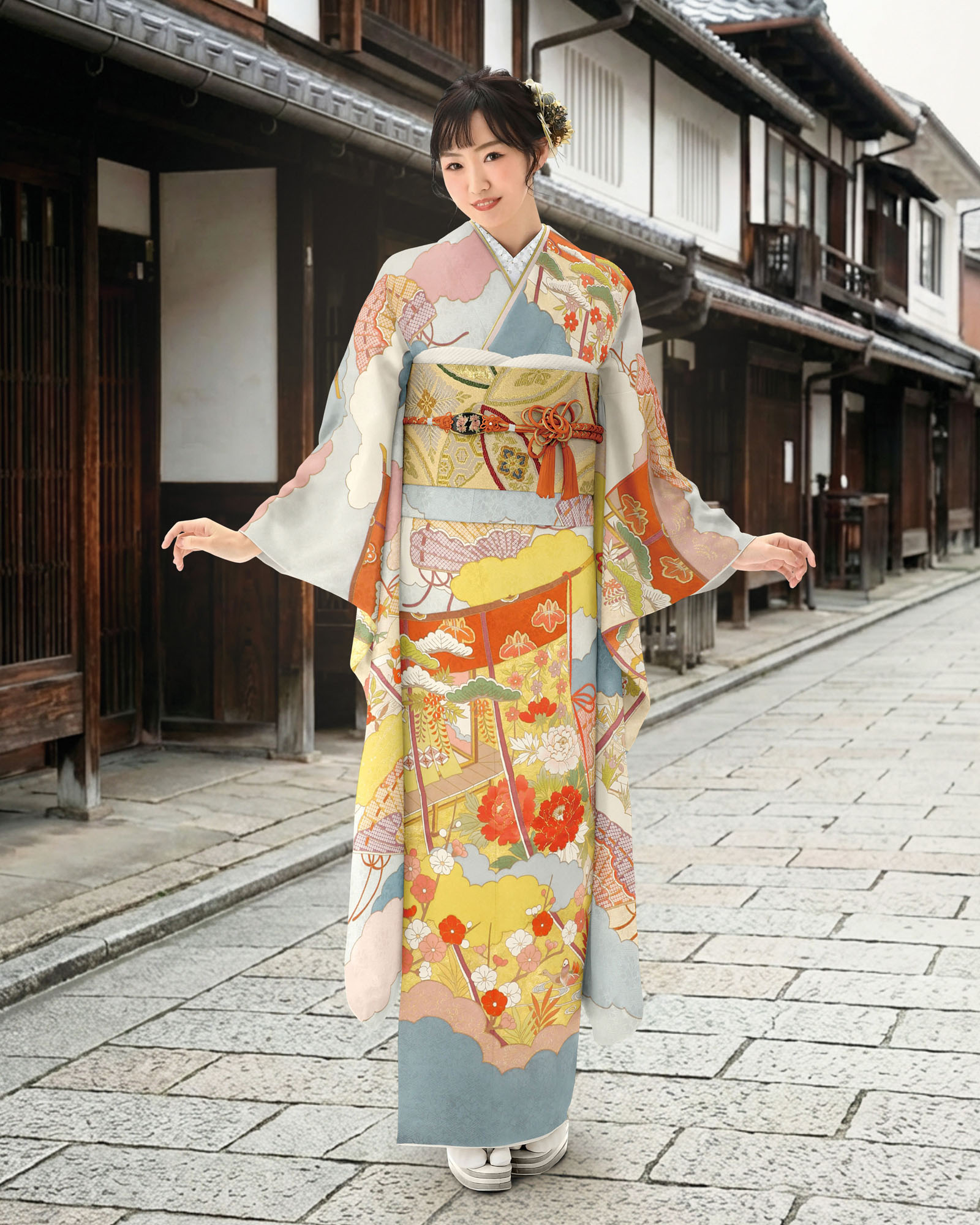 ロイヤル作家 藤井寛作 手描き京友禅振袖 『雲取り疋田扇子に几帳』