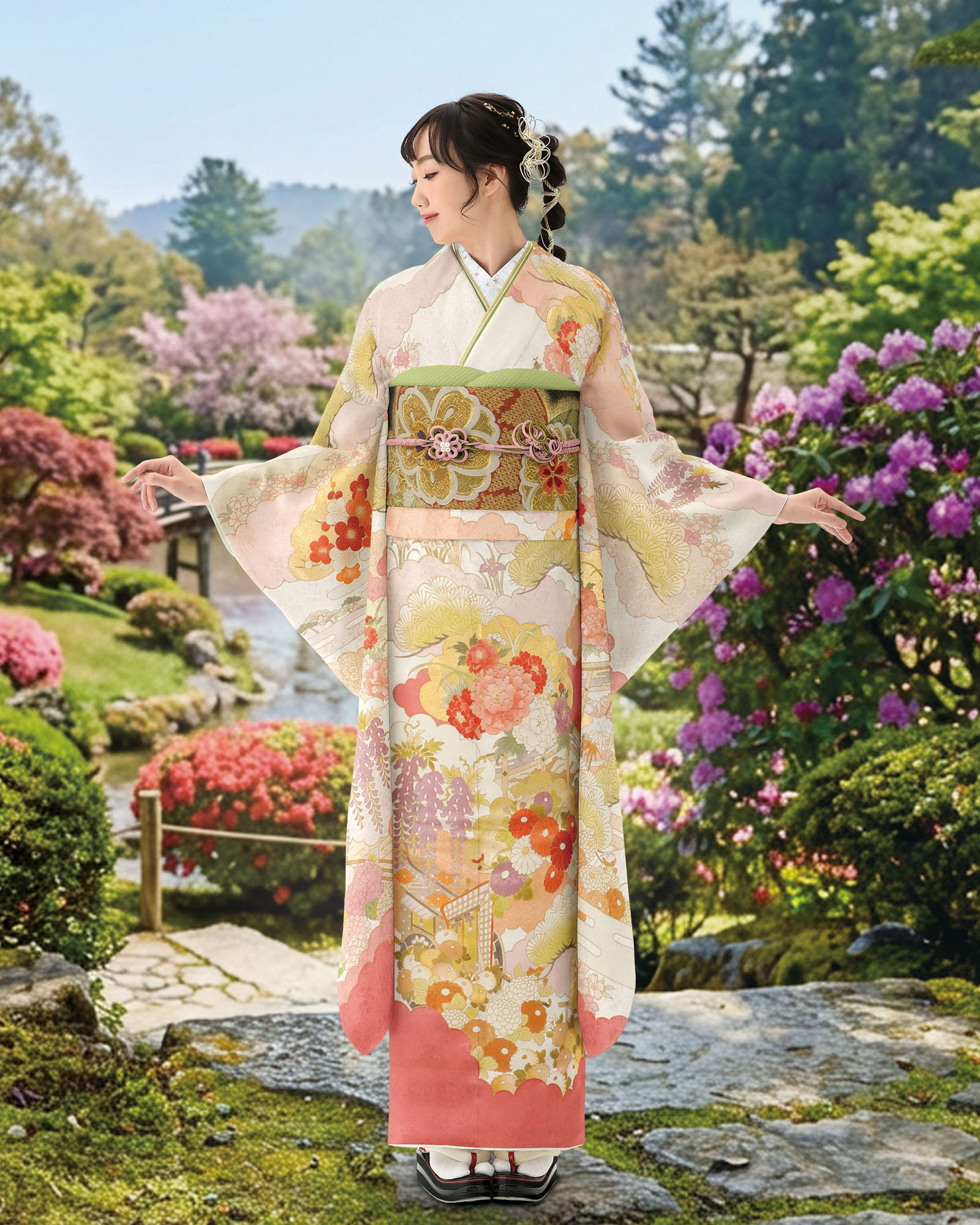 ロイヤル作家 藤井寛作 手描き京友禅振袖 『王朝四季に松百花』