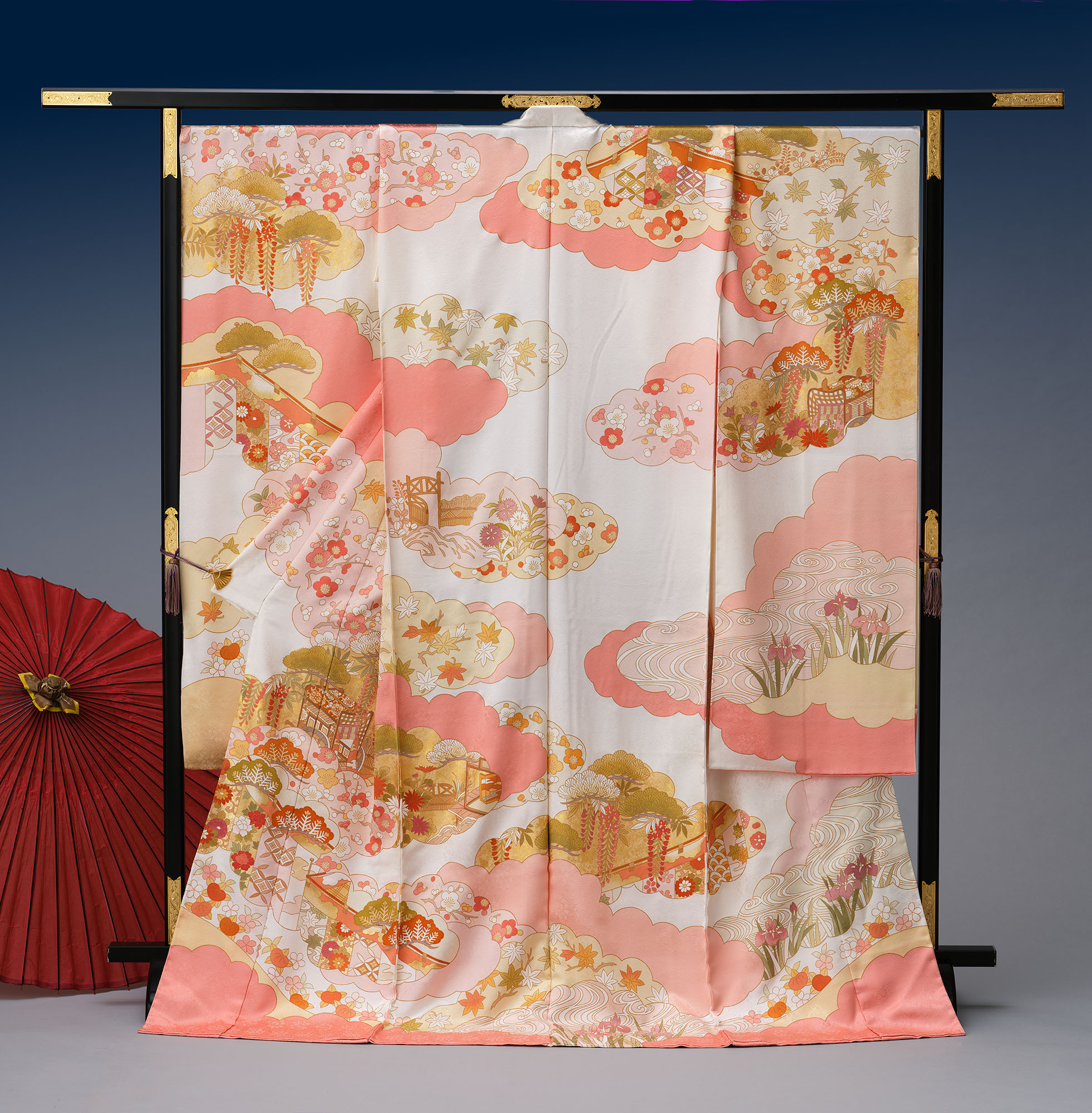 ロイヤル作家 藤井寛作 手描き京友禅振袖 『片寄せ雲取り松満幕図』